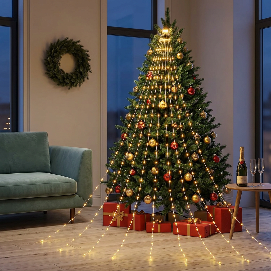 Golden Christmas tree lights in a contemporary apartment at twilight