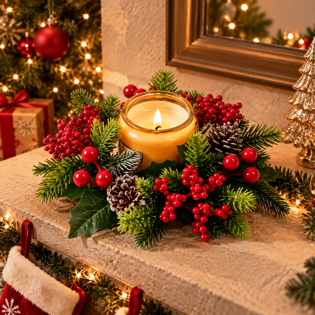 🕯️ Christmas Candle Centerpiece | Evergreen Berry & Pinecone Wreath | Festive Table Holiday Decor