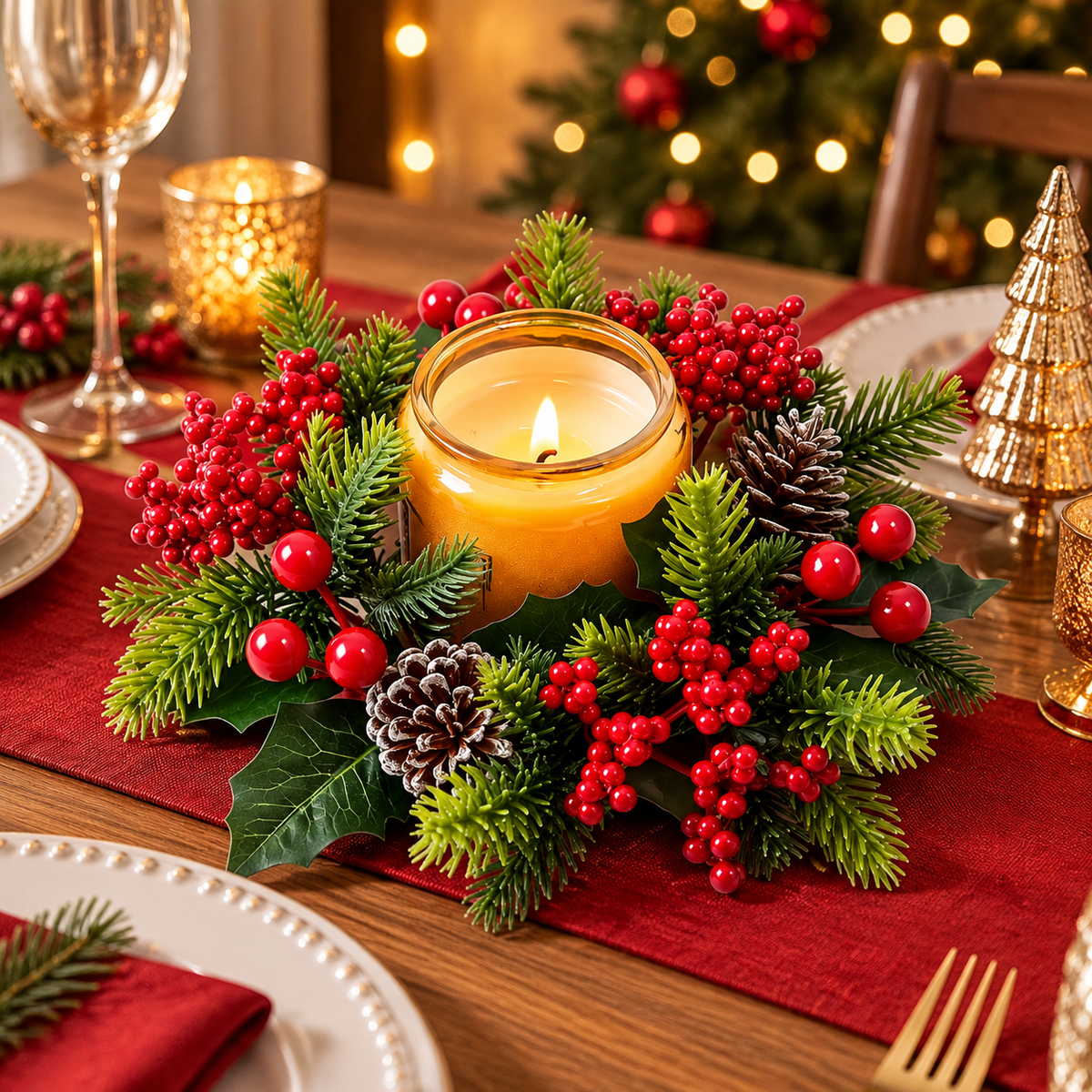 🕯️ Christmas Candle Centerpiece | Evergreen Berry & Pinecone Wreath | Festive Table Holiday Decor
