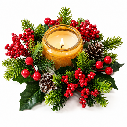🕯️ Christmas Candle Centerpiece | Evergreen Berry & Pinecone Wreath | Festive Table Holiday Decor
