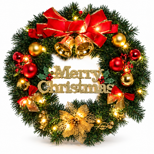 🎄 Festive Christmas Wreath | Red Gold Ornaments & Warm Lights | Merry Christmas Holiday Door Decor