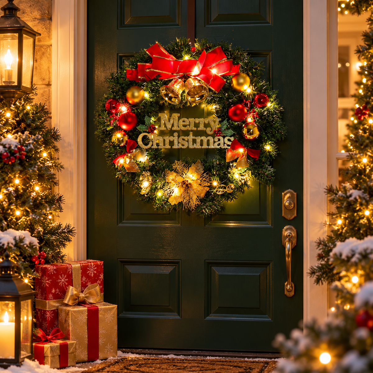 🎄 Festive Christmas Wreath | Red Gold Ornaments & Warm Lights | Merry Christmas Holiday Door Decor