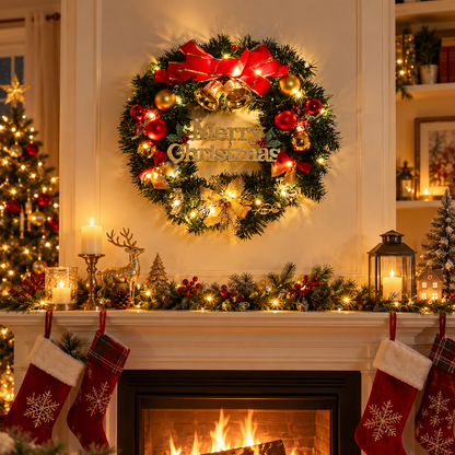 🎄 Festive Christmas Wreath | Red Gold Ornaments & Warm Lights | Merry Christmas Holiday Door Decor