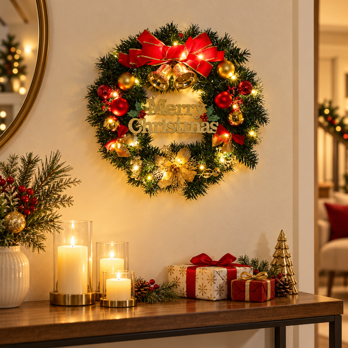 🎄 Festive Christmas Wreath | Red Gold Ornaments & Warm Lights | Merry Christmas Holiday Door Decor
