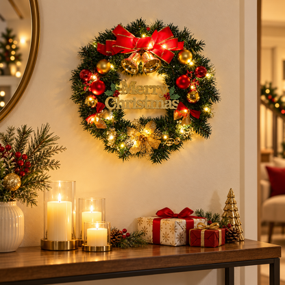 🎄 Festive Christmas Wreath | Red Gold Ornaments & Warm Lights | Merry Christmas Holiday Door Decor