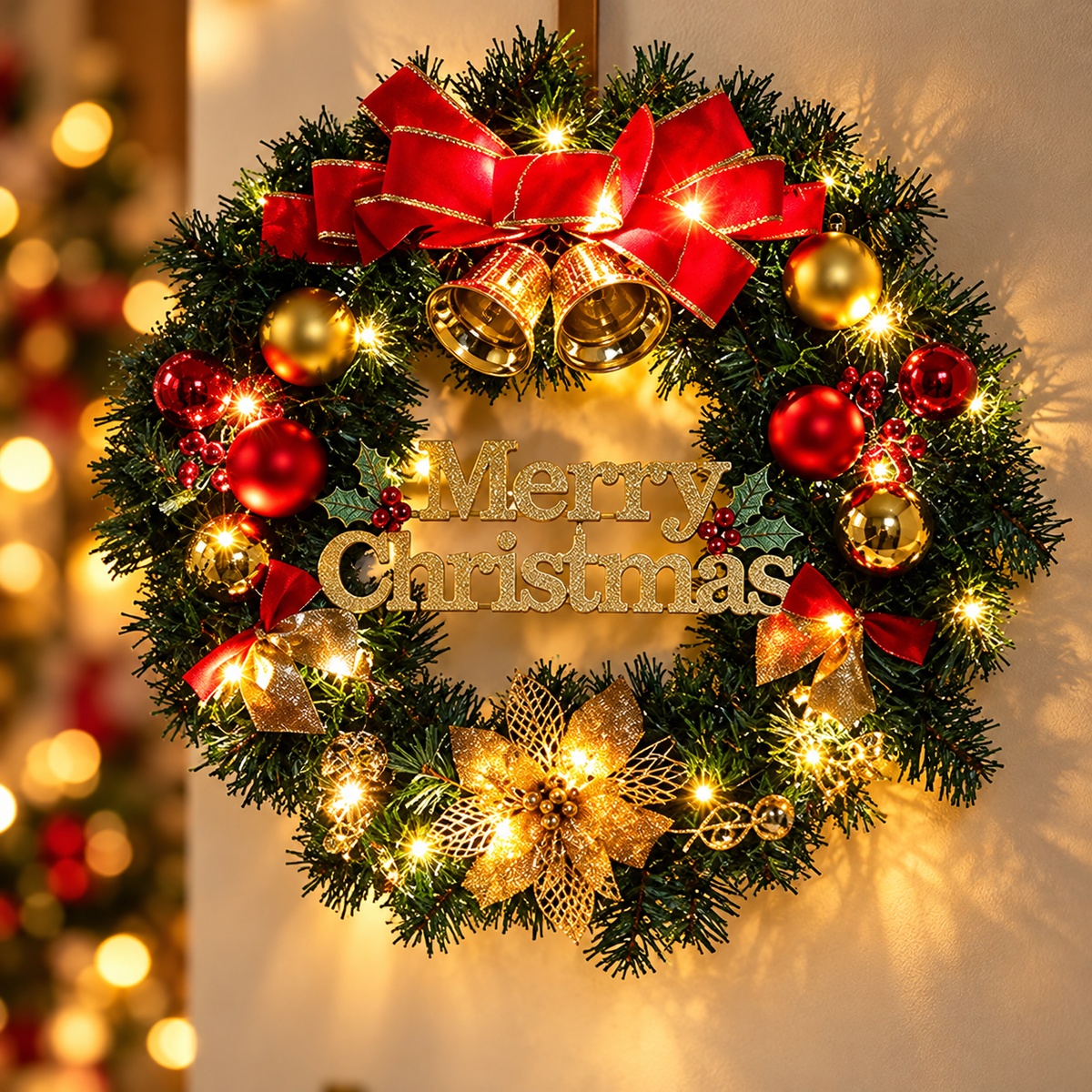 🎄 Festive Christmas Wreath | Red Gold Ornaments & Warm Lights | Merry Christmas Holiday Door Decor