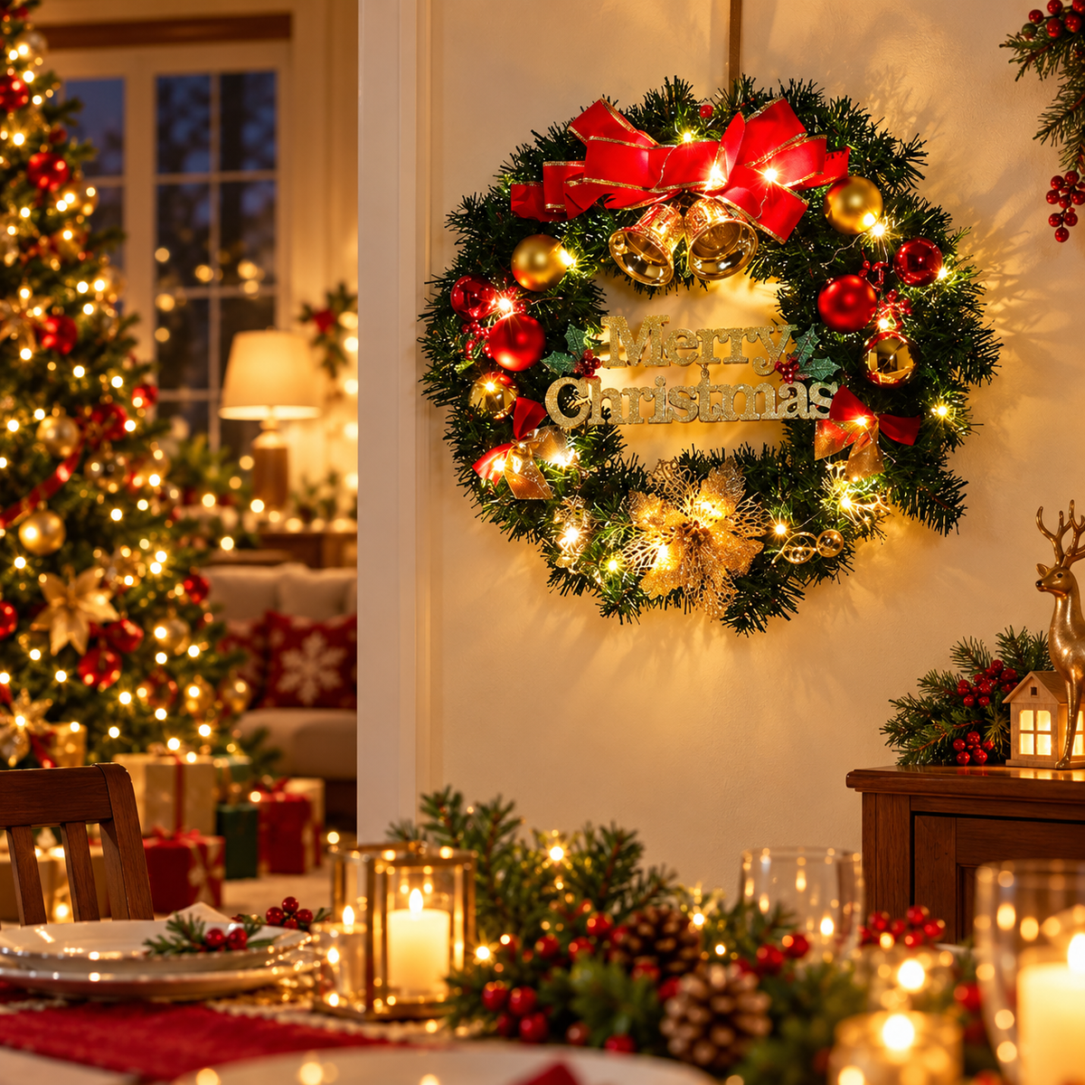 🎄 Festive Christmas Wreath | Red Gold Ornaments & Warm Lights | Merry Christmas Holiday Door Decor