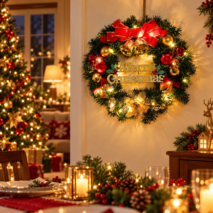 🎄 Festive Christmas Wreath | Red Gold Ornaments & Warm Lights | Merry Christmas Holiday Door Decor