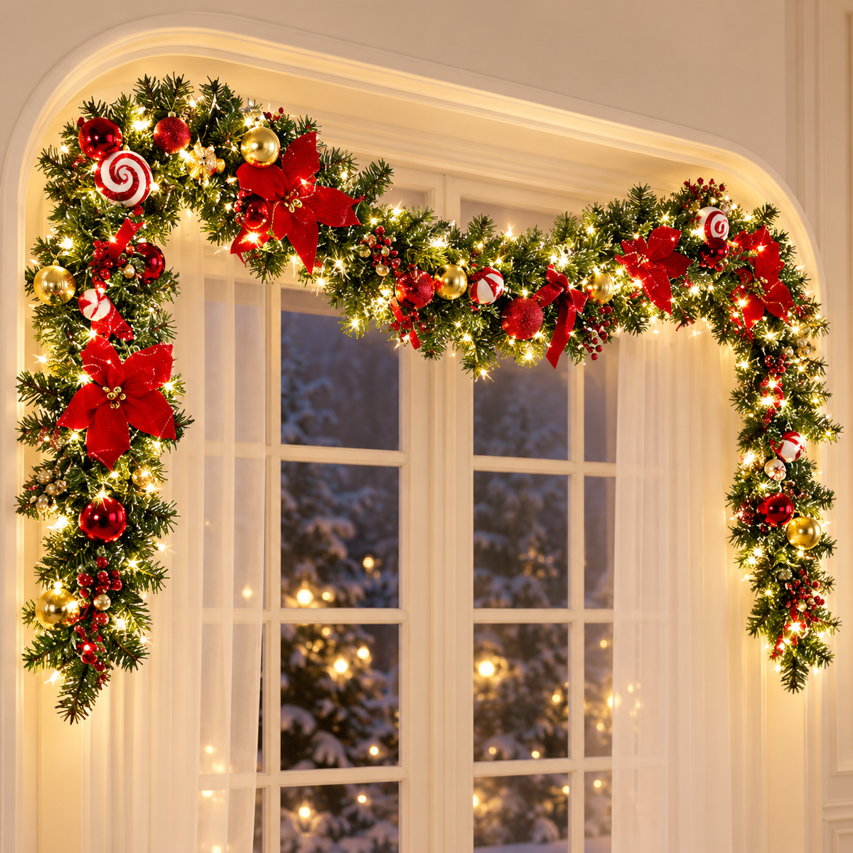 🎄 Lighted Christmas Garland | Red Gold Ornaments & Bows | Festive Mantel & Doorway Decor