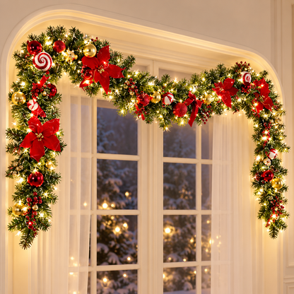 🎄 Lighted Christmas Garland | Red Gold Ornaments & Bows | Festive Mantel & Doorway Decor
