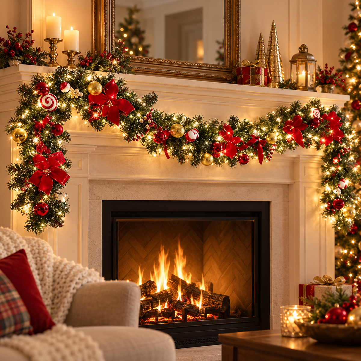 🎄 Lighted Christmas Garland | Red Gold Ornaments & Bows | Festive Mantel & Doorway Decor