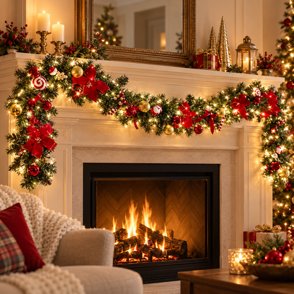 🎄 Lighted Christmas Garland | Red Gold Ornaments & Bows | Festive Mantel & Doorway Decor