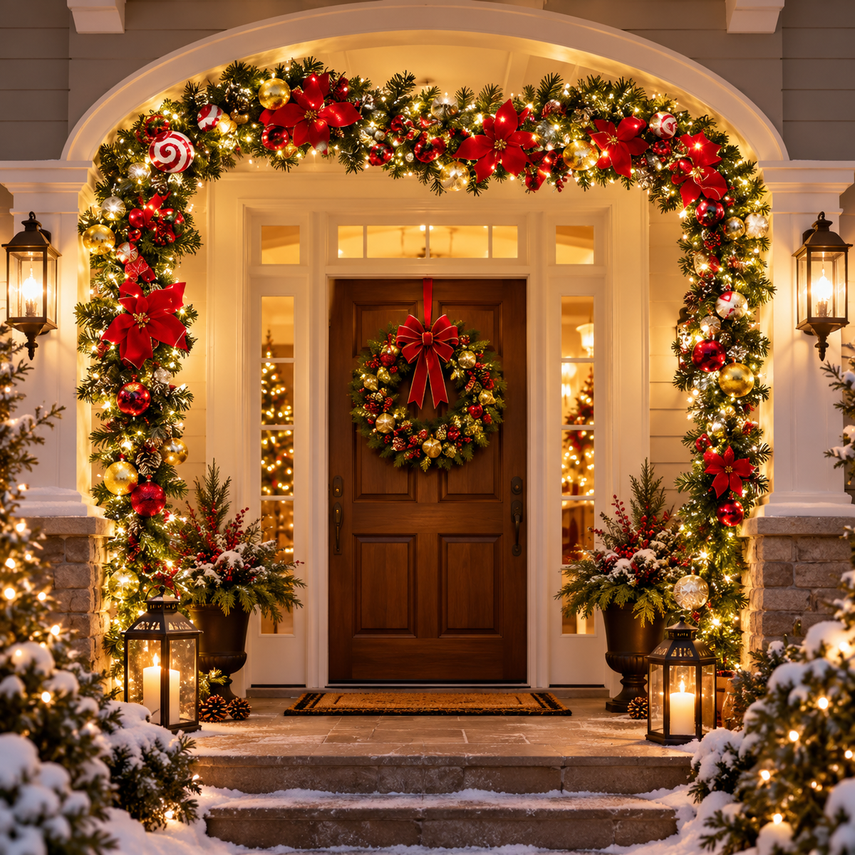 🎄 Lighted Christmas Garland | Red Gold Ornaments & Bows | Festive Mantel & Doorway Decor