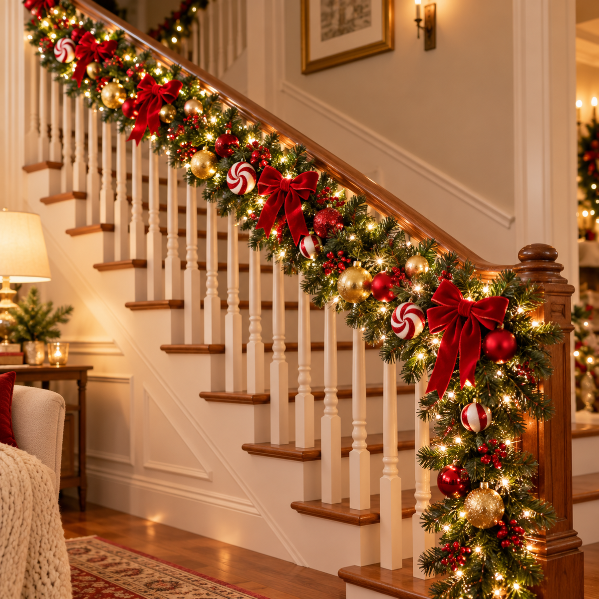 🎄 Lighted Christmas Garland | Red Gold Ornaments & Bows | Festive Mantel & Doorway Decor
