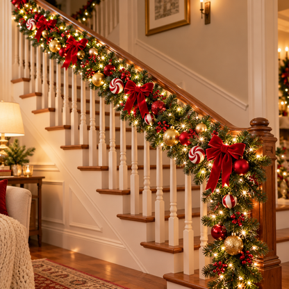 🎄 Lighted Christmas Garland | Red Gold Ornaments & Bows | Festive Mantel & Doorway Decor
