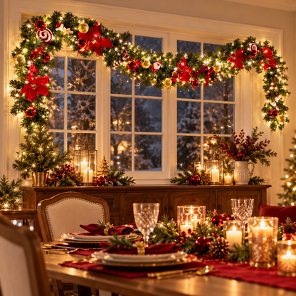 🎄 Lighted Christmas Garland | Red Gold Ornaments & Bows | Festive Mantel & Doorway Decor