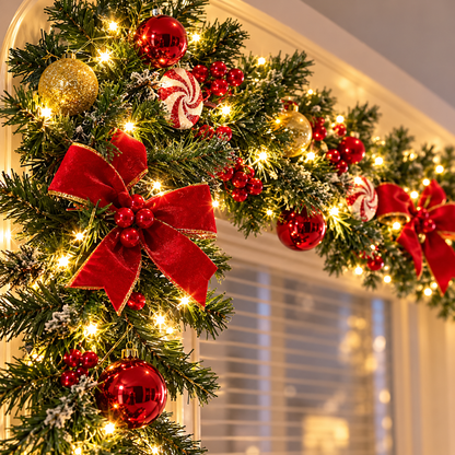 🎄 Lighted Christmas Garland | Red Gold Ornaments & Bows | Festive Mantel & Doorway Decor