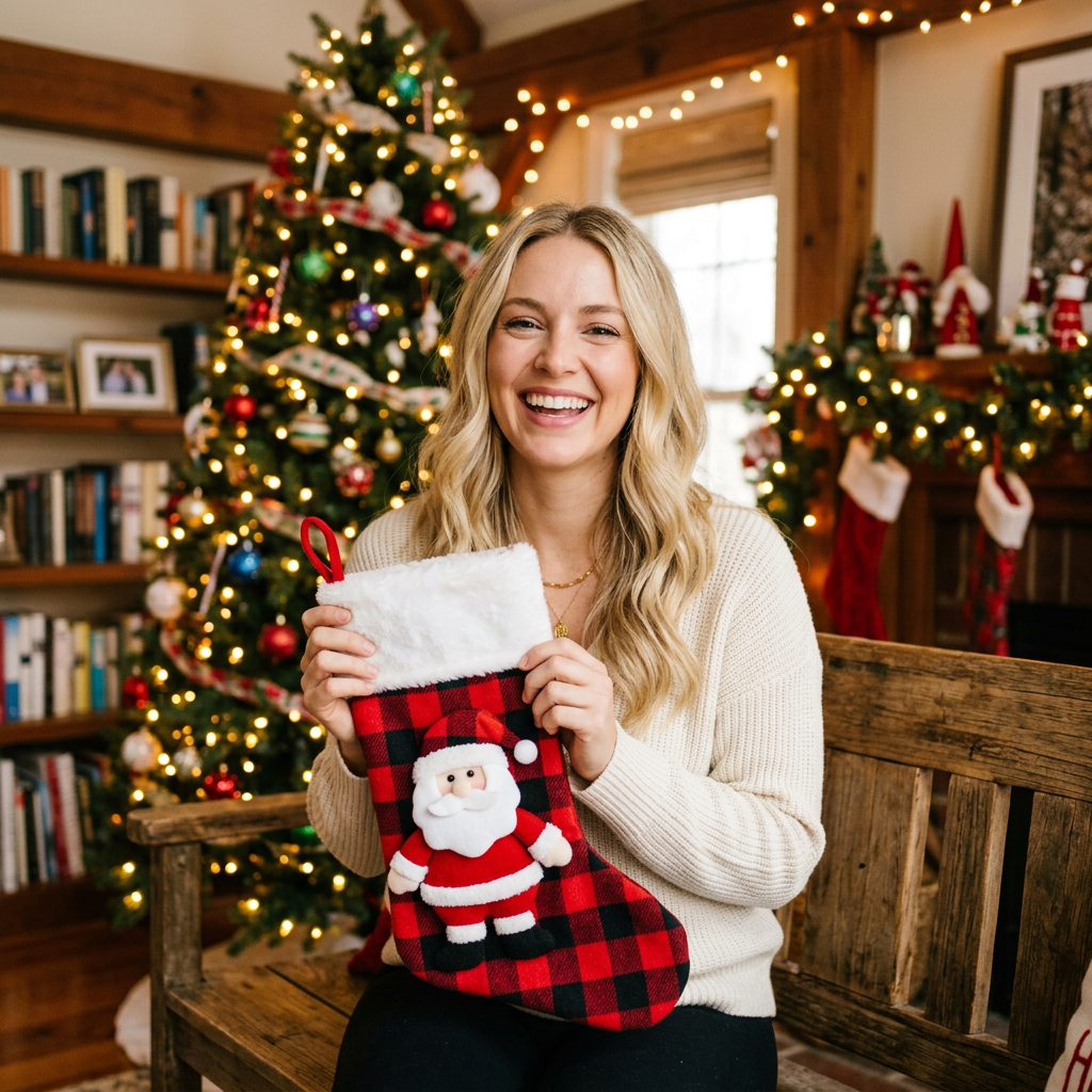 Blonde model holding stocking