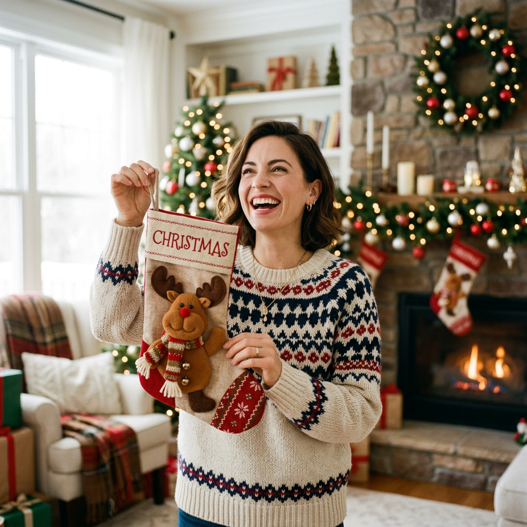 Brunette model holding reindeer stocking