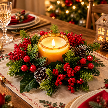 🕯️ Christmas Candle Centerpiece | Evergreen Berry & Pinecone Wreath | Festive Table Holiday Decor