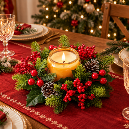 🕯️ Christmas Candle Centerpiece | Evergreen Berry & Pinecone Wreath | Festive Table Holiday Decor