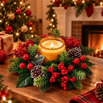 🕯️ Christmas Candle Centerpiece | Evergreen Berry & Pinecone Wreath | Festive Table Holiday Decor