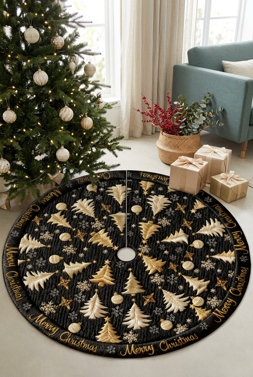 Tree skirt beneath a Christmas tree in a bright apartment