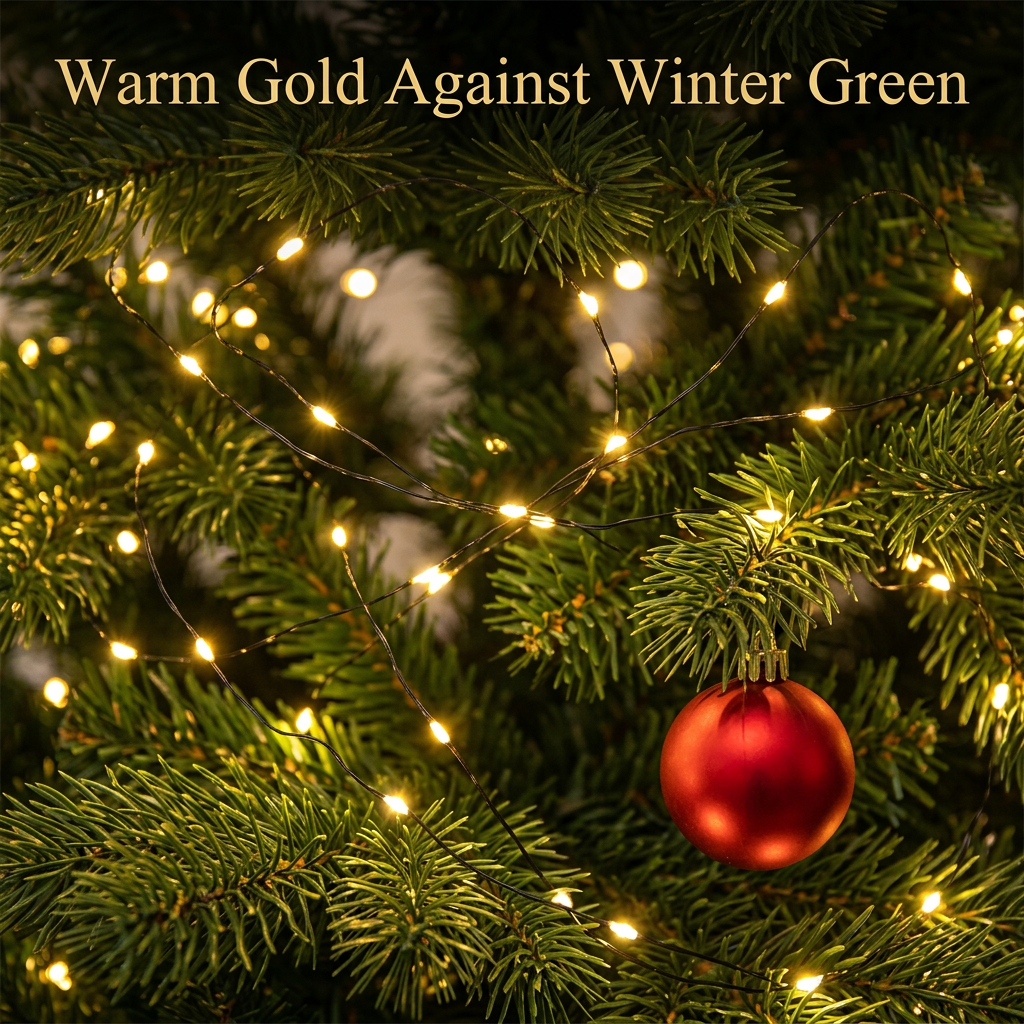 Golden LED light detail against evergreen branches