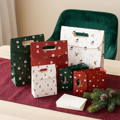 Christmas gift bags arranged on a holiday gift preparation table