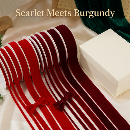 Scarlet and burgundy ribbon palette with proposed ivory box
