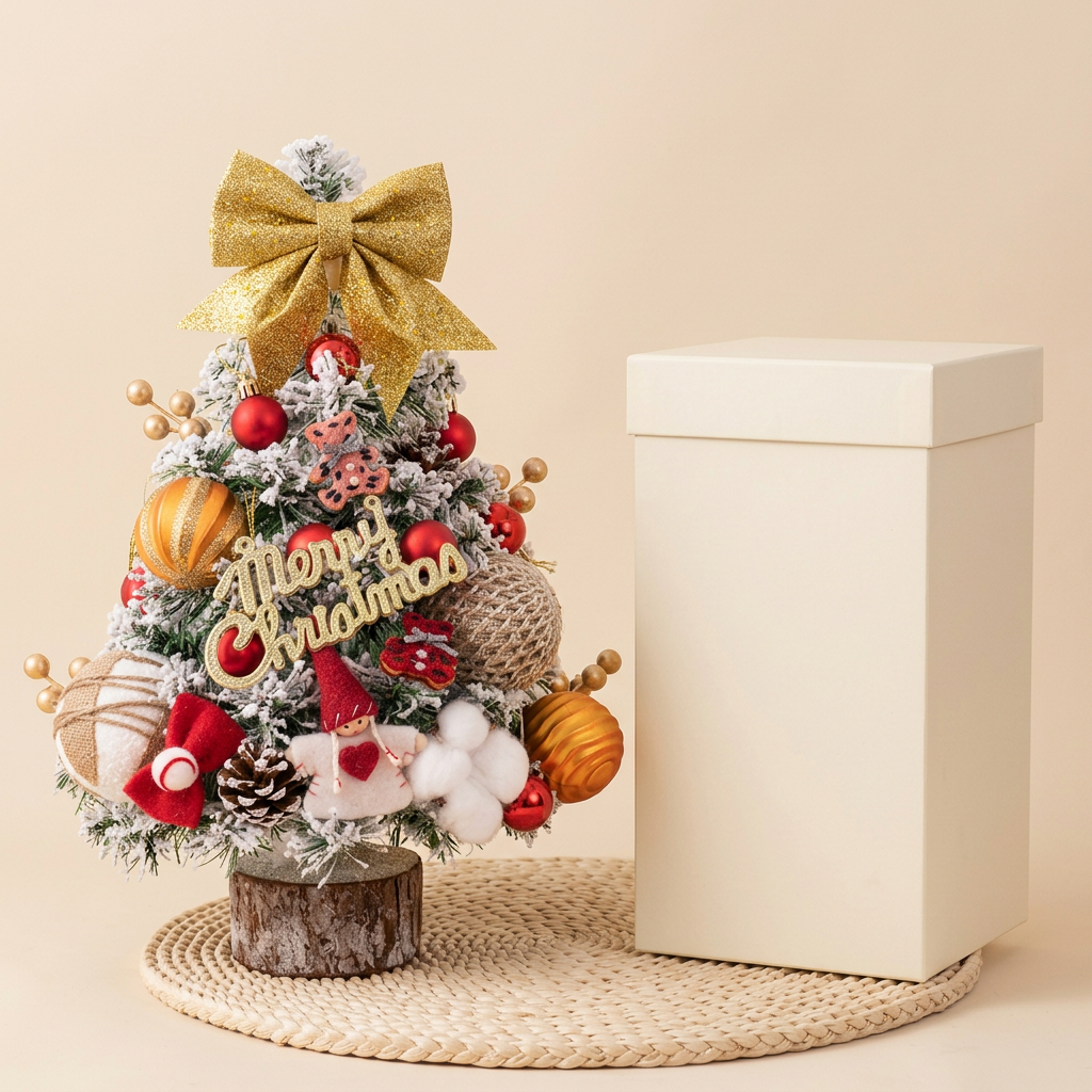 Tabletop Christmas tree with proposed unbranded ivory packaging