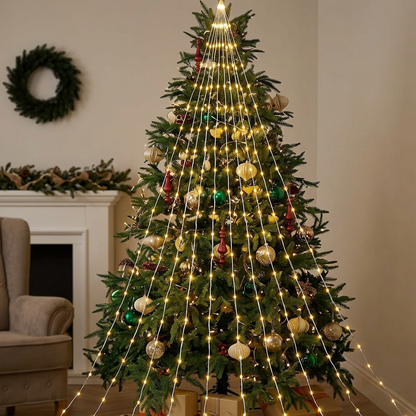 Warm golden LED strands cascading over a Christmas tree