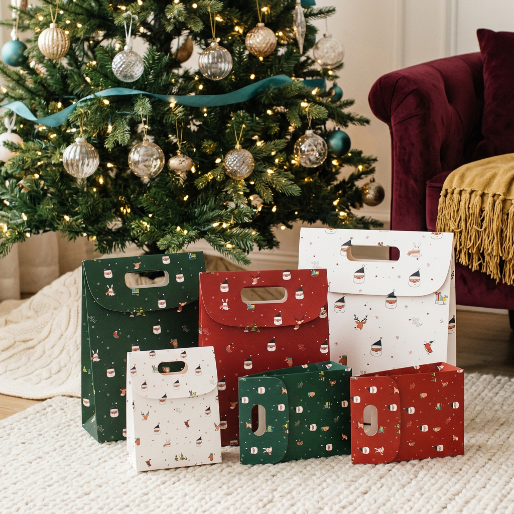 Christmas gift bags displayed beneath a holiday tree