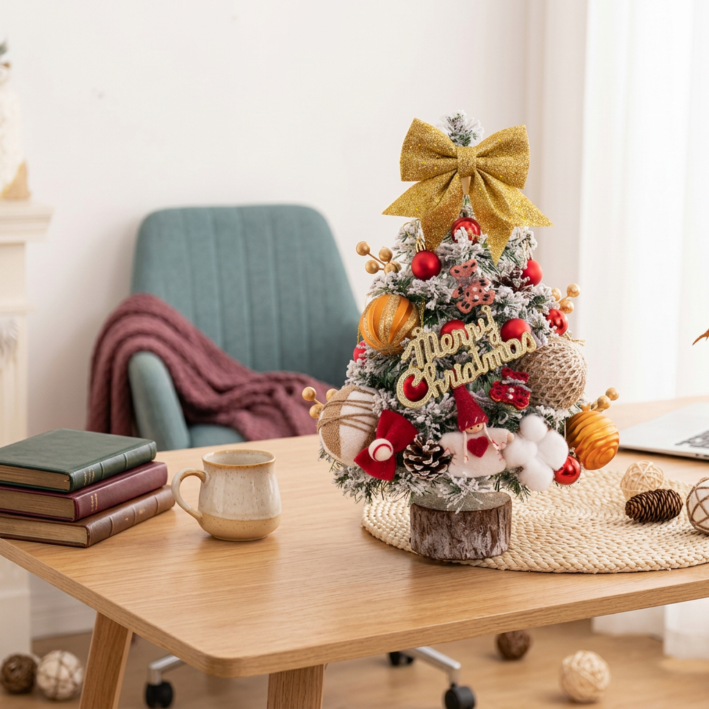 Decorated tabletop tree styled on a desk
