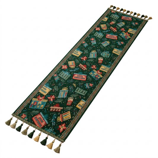 Forest green Christmas table runner with colorful motifs and tassels on white background