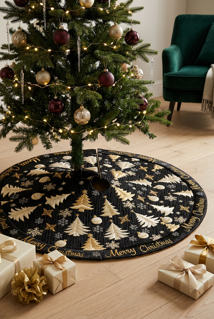 Tree skirt in a warm festive living room