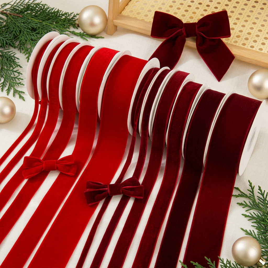 Scarlet and burgundy flocked ribbons in festive studio styling