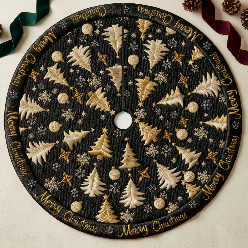Christmas tree skirt styled on a warm ivory studio floor