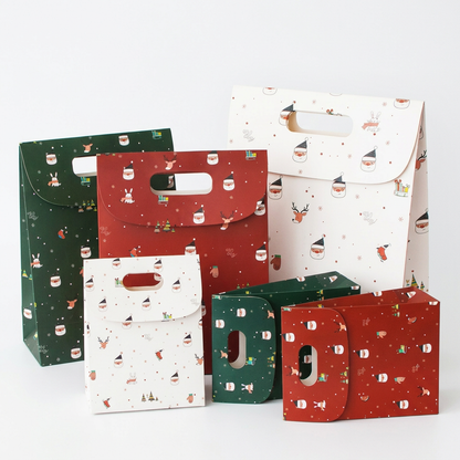 Red green and white Christmas gift bag assortment on white background