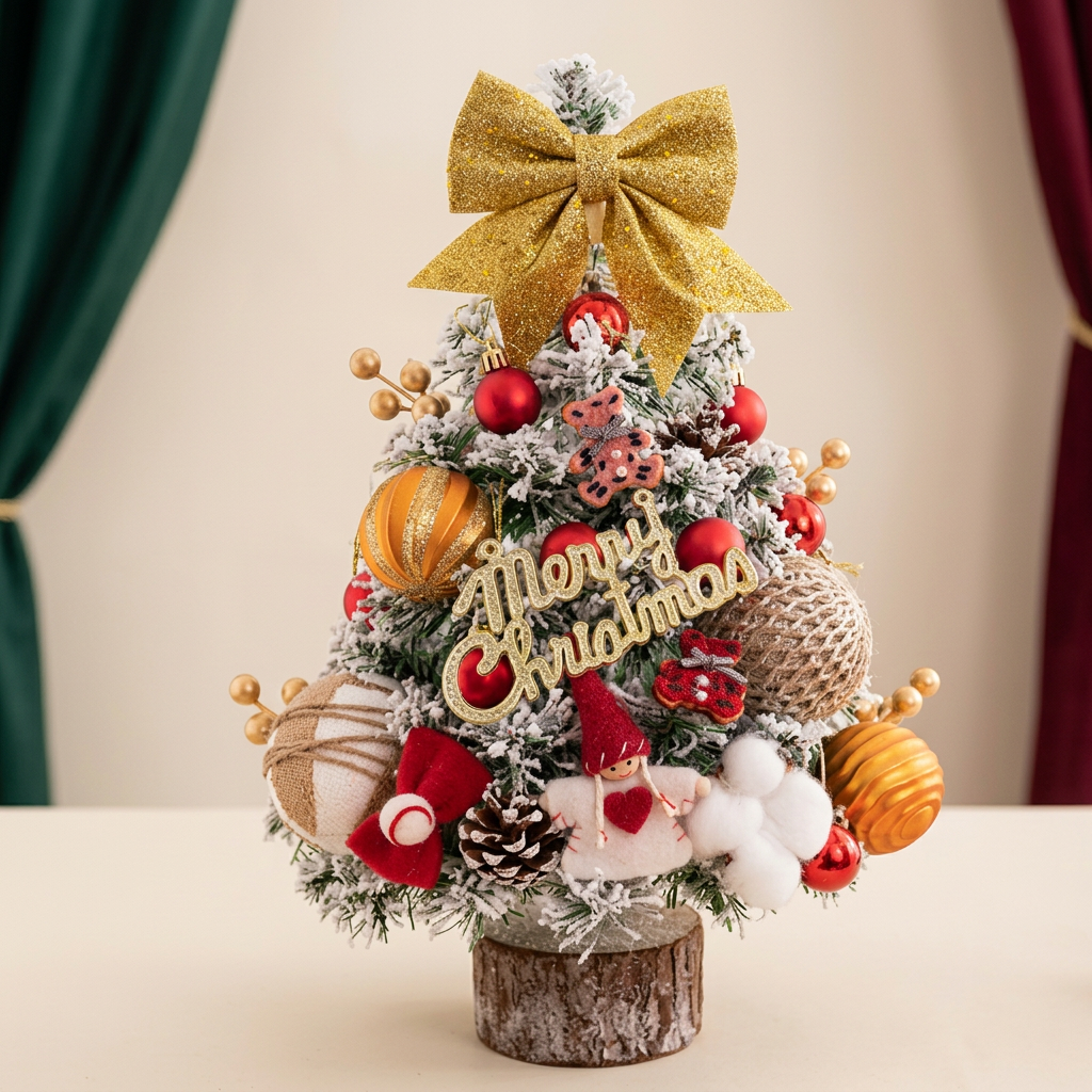 Snowy tabletop tree with golden bow and red orange ornaments