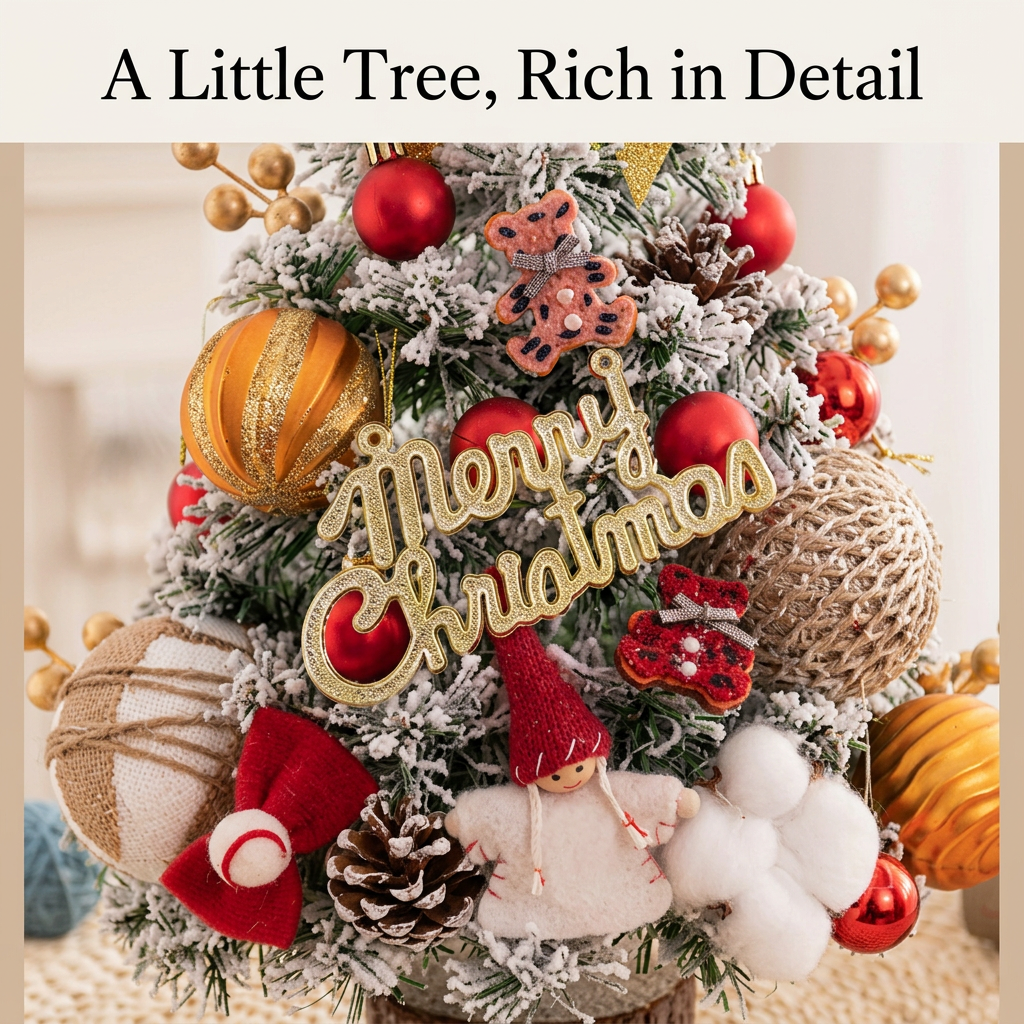 Merry Christmas sign and colorful ornament details