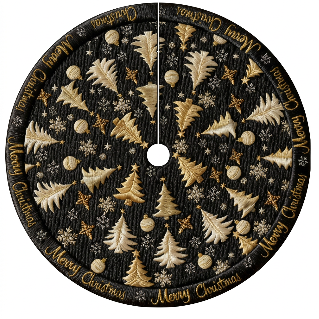 Black cream and gold Christmas tree skirt on a white background