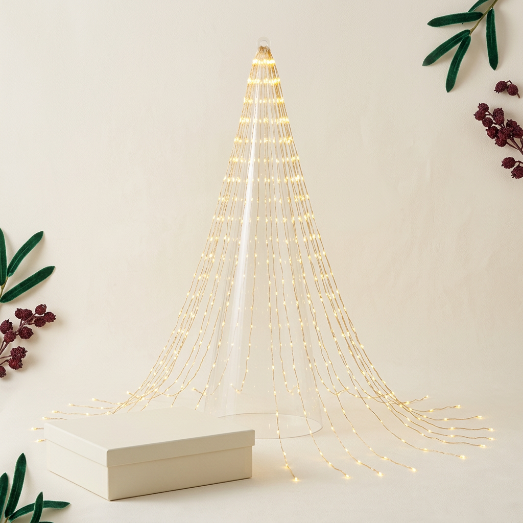 LED cascade light display with proposed unbranded ivory packaging