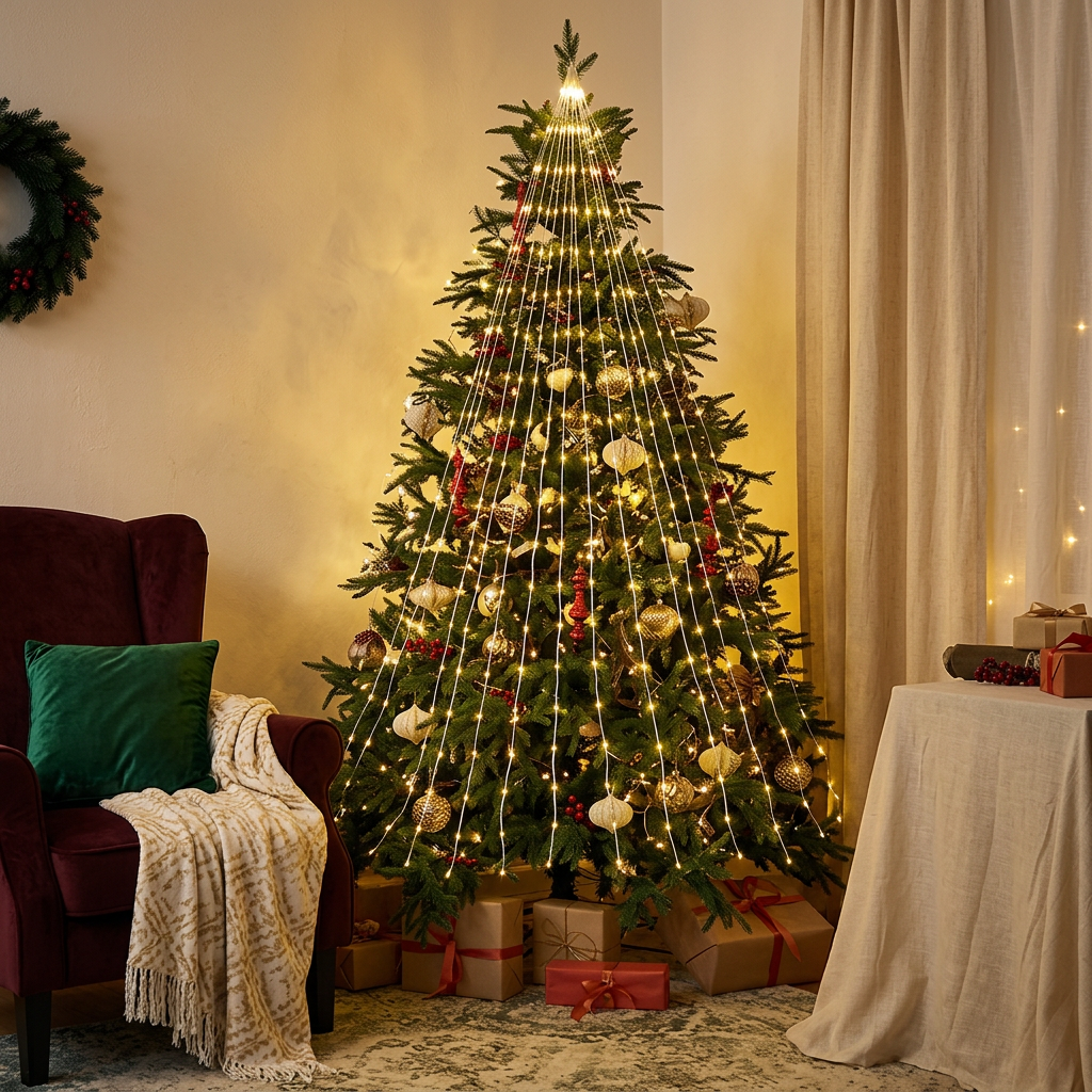 Cascade Christmas lights in a warm festive living room