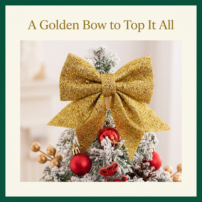 Golden bow and snowy upper branch detail