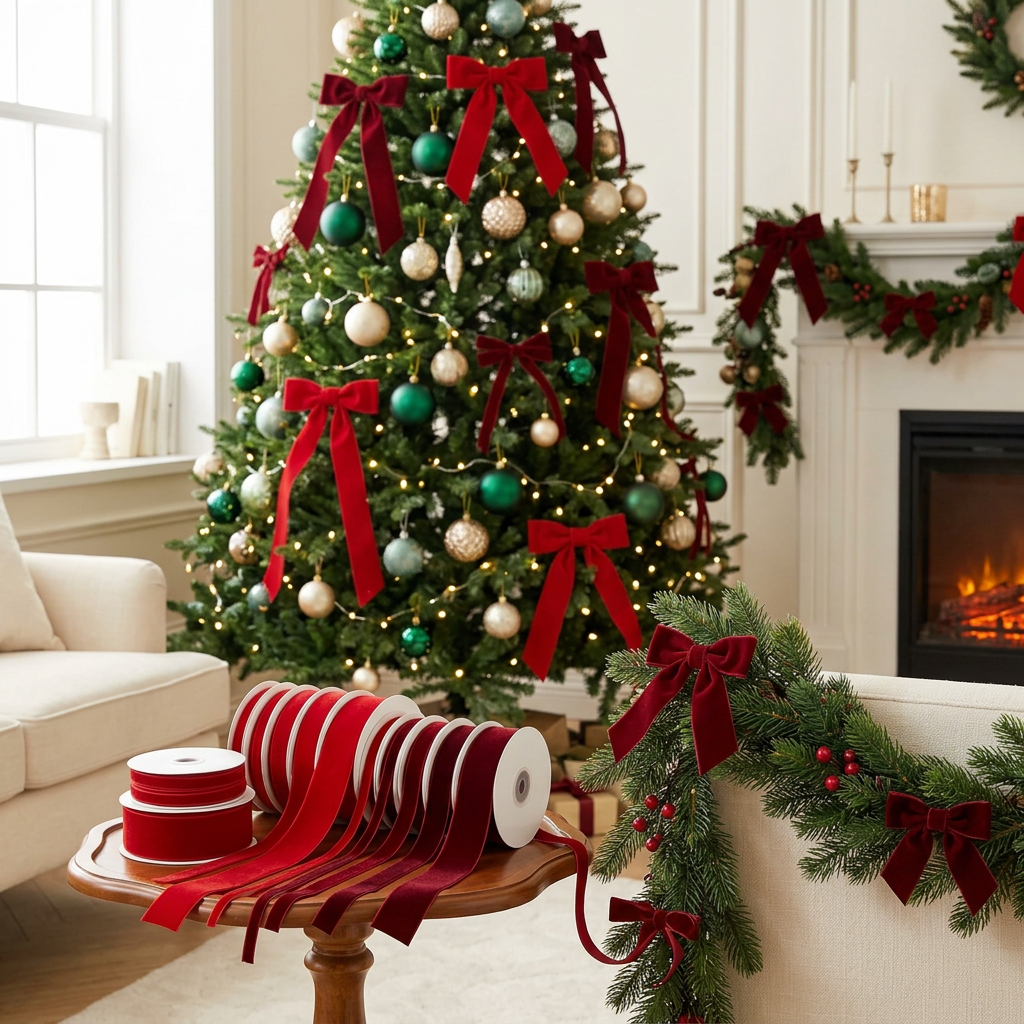 Red ribbon bow styling inspiration on Christmas greenery