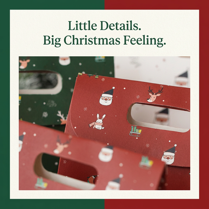 Small Christmas illustrations on red green and white gift bags