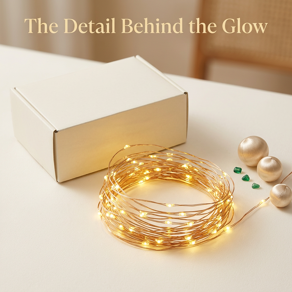 Fine LED strands beside proposed plain ivory packaging