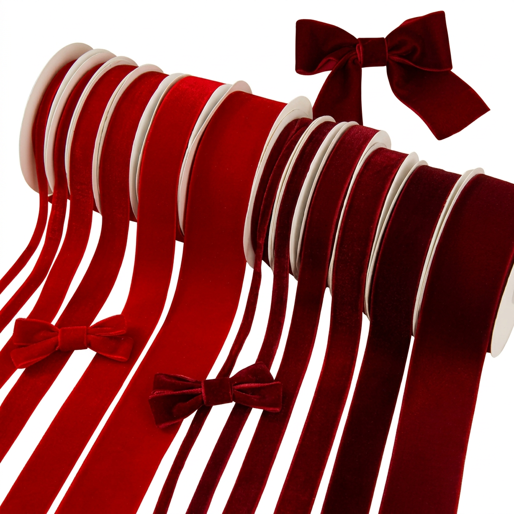 Red flocked Christmas ribbon assortment on pure white background