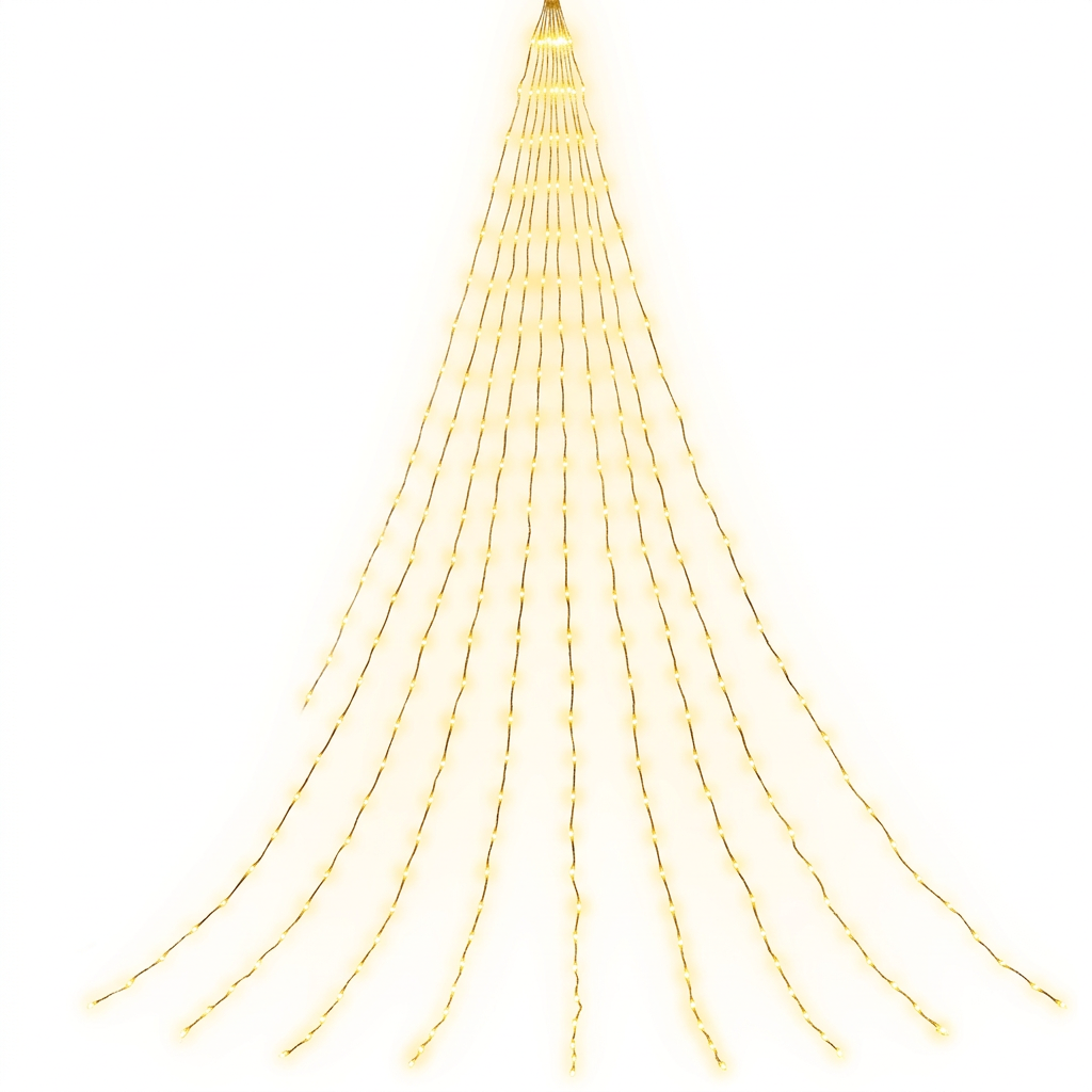 Warm golden cascade LED string lights on a white background